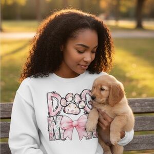 Gildan White Dog Mom Sweatshirt with Pink Bow